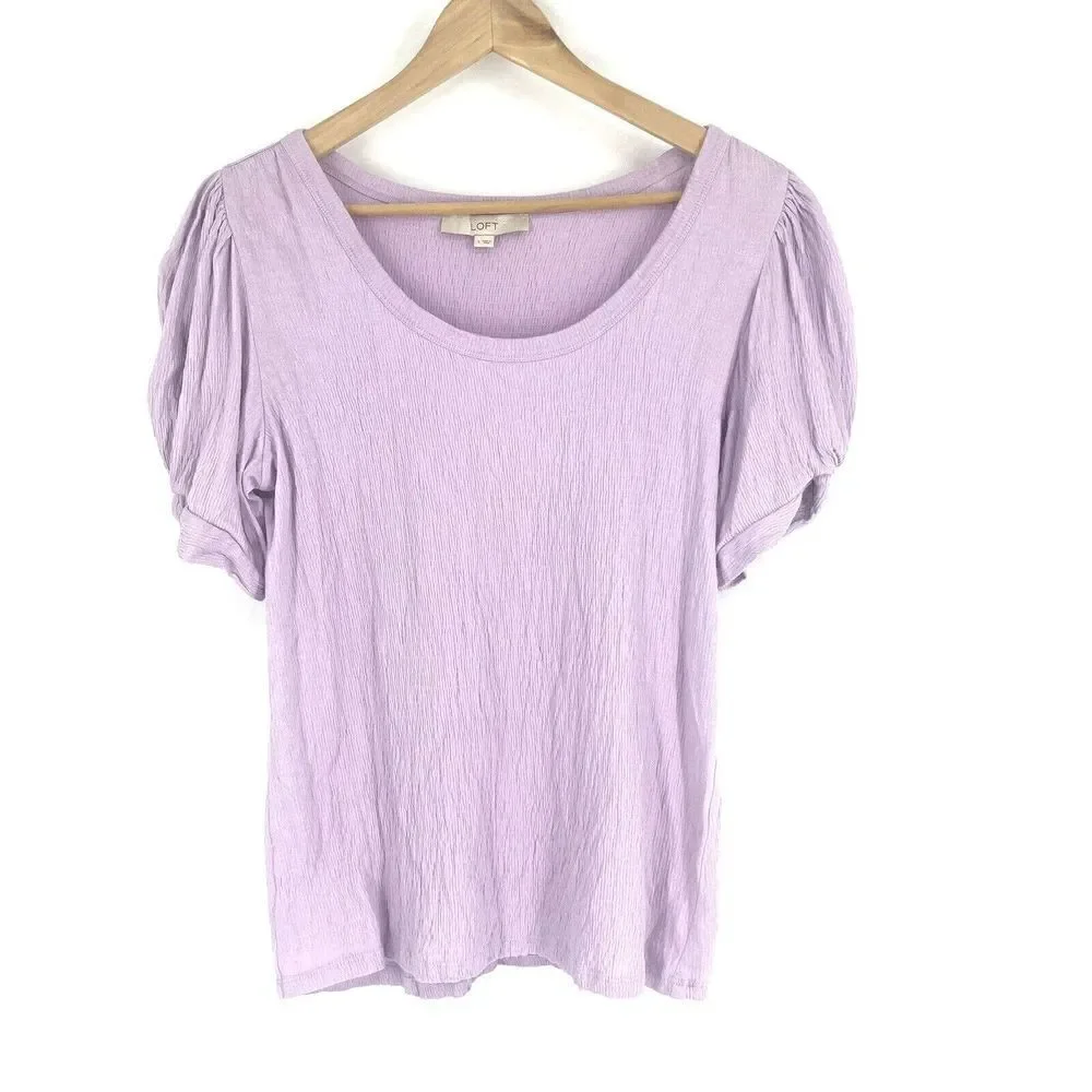 LOFT Top Size Small Womens Purple Crinkle Twist Puff Sleeve Blouse Stretch Knit
